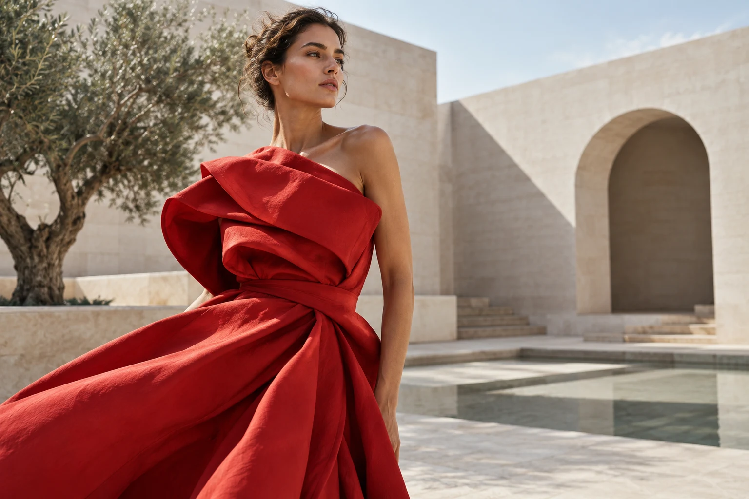 Fashion portrait in a sunlit architectural setting, illustrating editorial photography