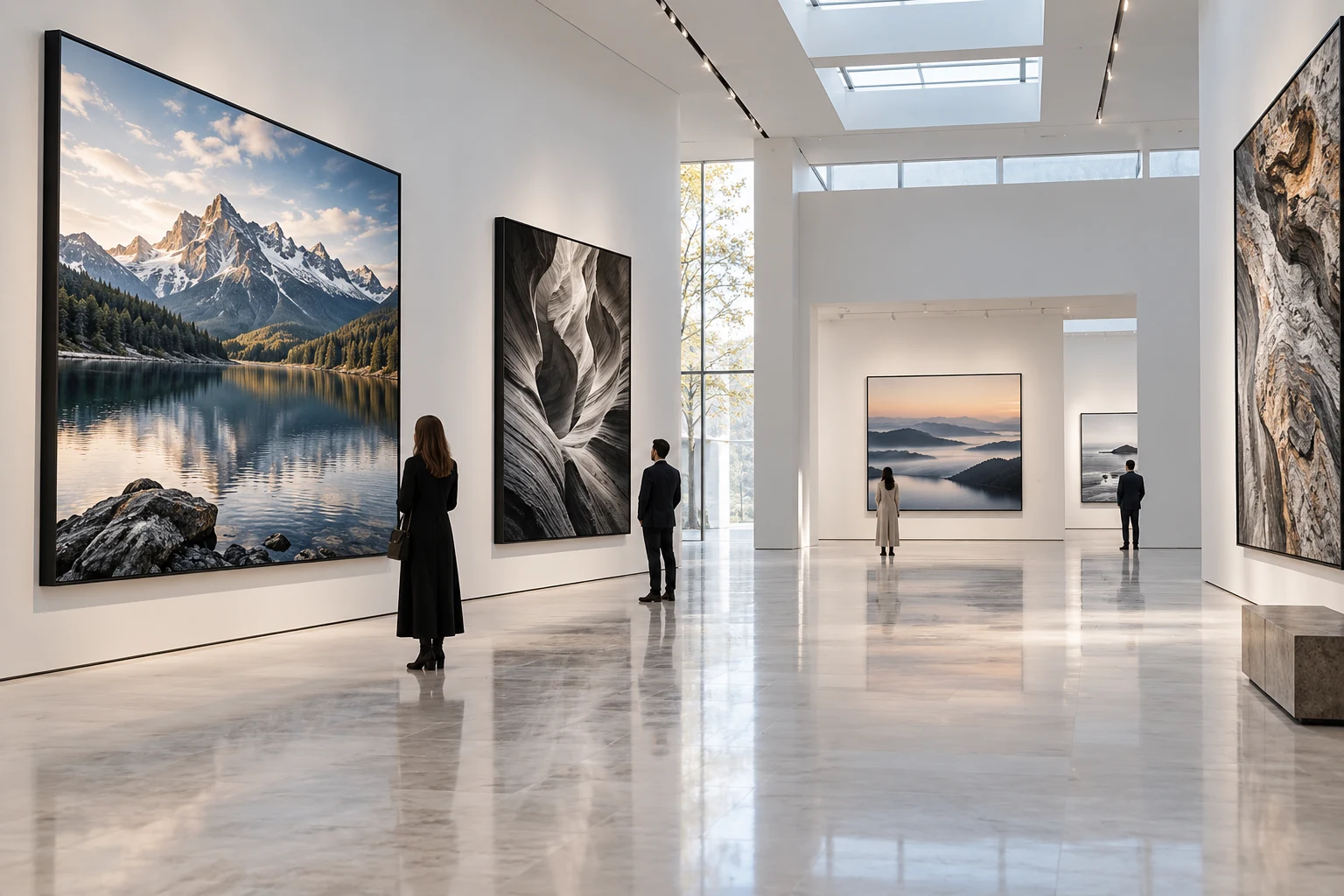 Visitors viewing photographic prints in a contemporary fine art gallery