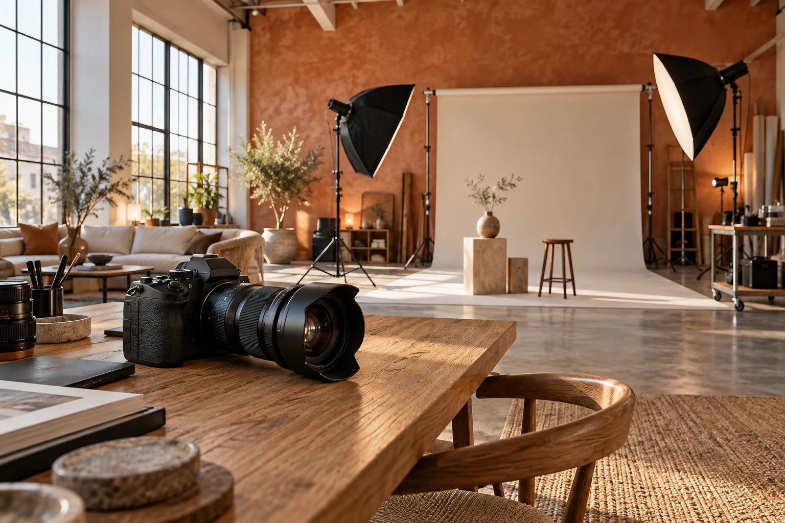 Professional camera and lighting in a creative photography studio